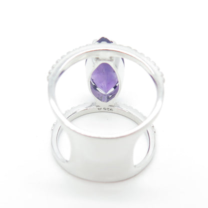 925 Sterling Silver Real Marquise-Cut Amethyst Granulated Ring Size 8.25