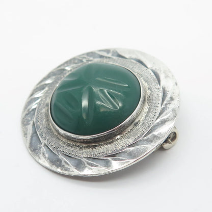 925 Sterling Silver Vintage Mexico Real Green Onyx Gemstone Pin Brooch / Pendant
