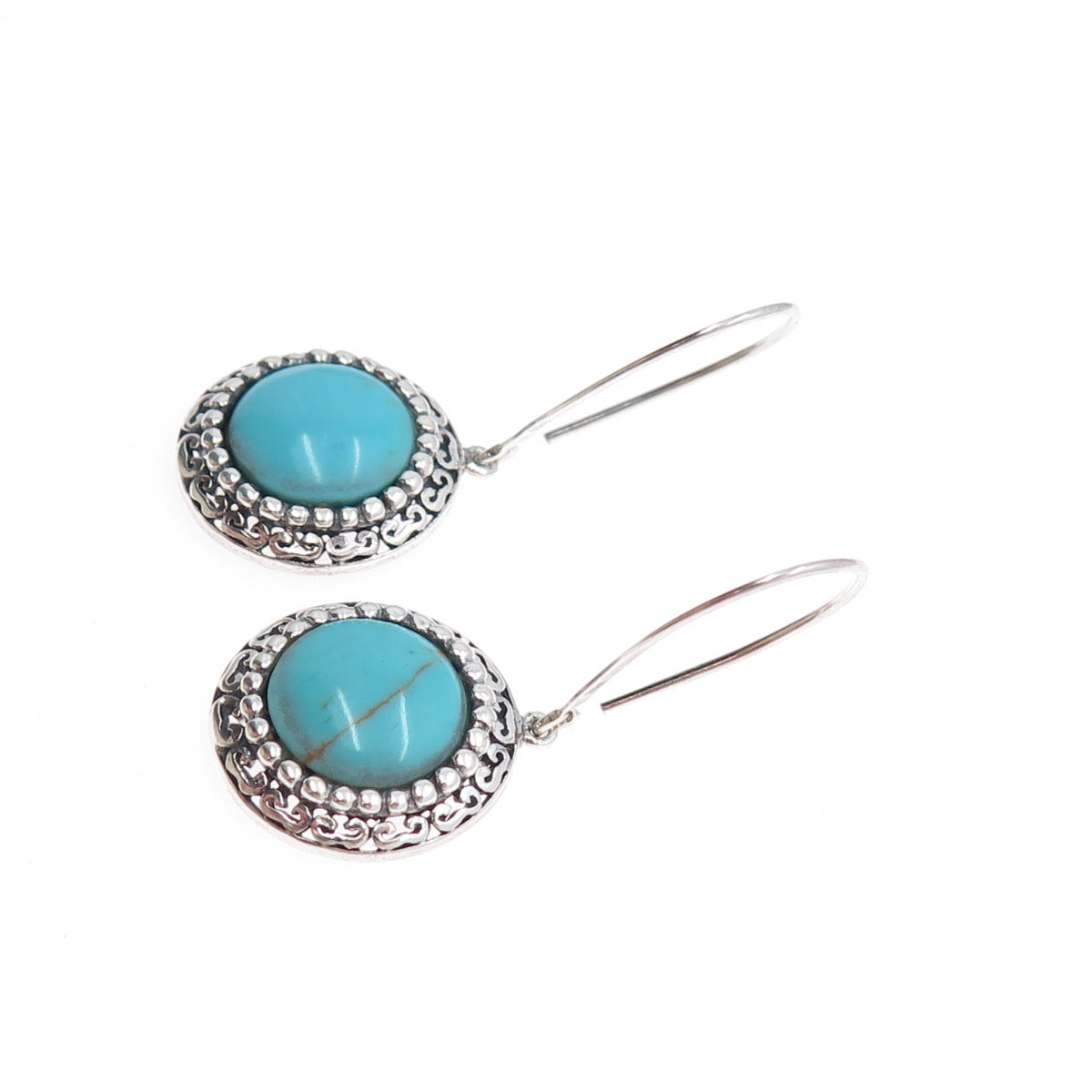 KEN CRAFTS 925 Sterling Silver Vintage Real Turquoise Modernist Dangle Earrings