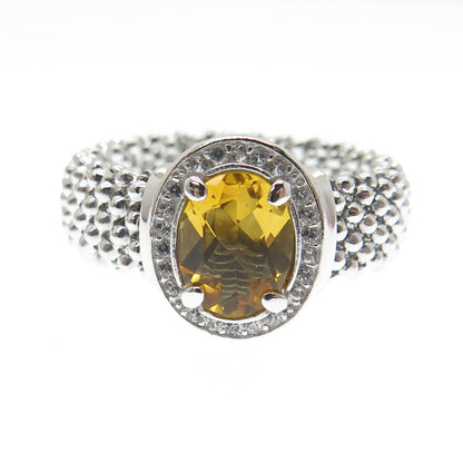 925 Sterling Silver Italy White Topaz & Citrine Gemstone Beaded Ring Size 9.75