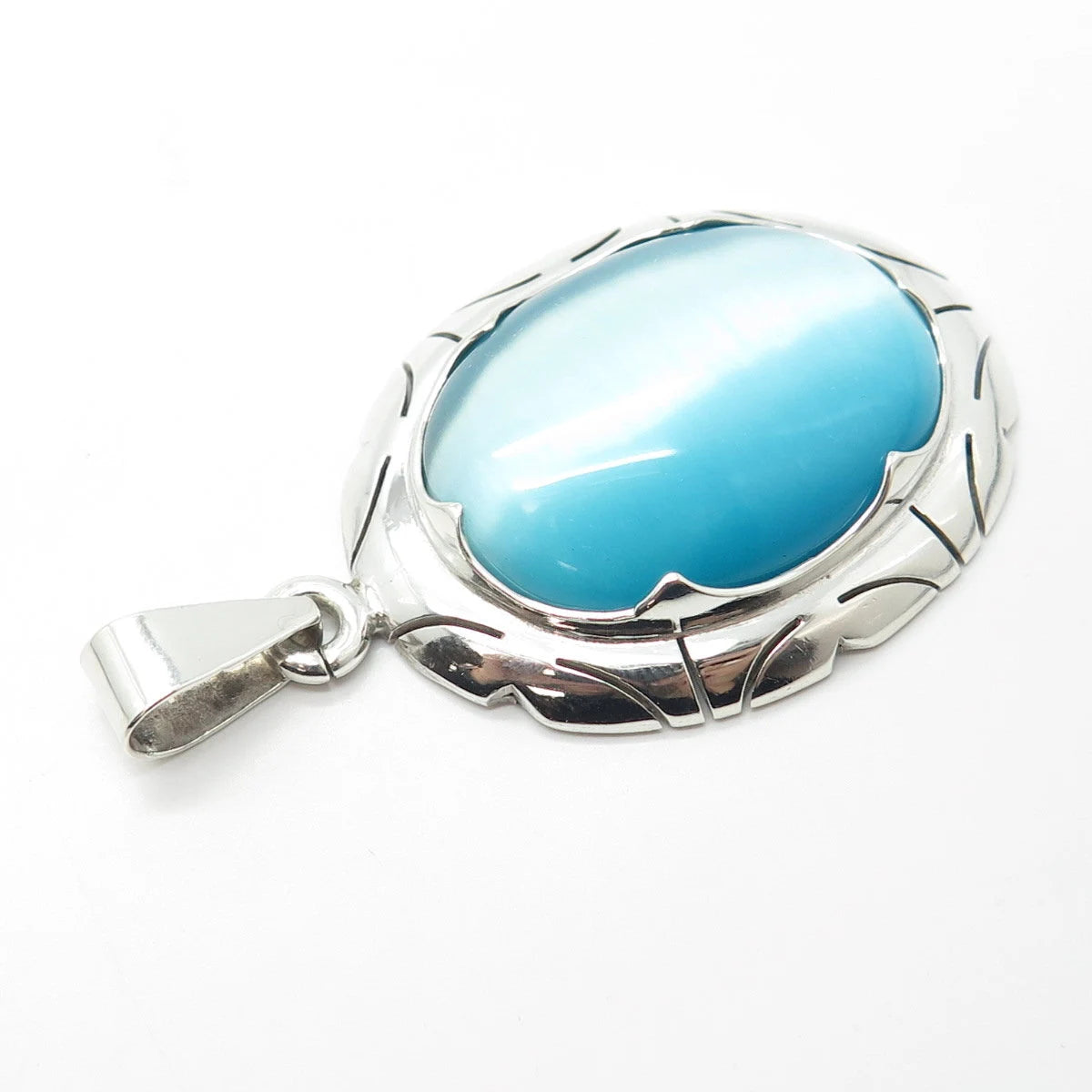 950 Silver Vintage Mexico Real Blue Fiber Optic Cat's Eye Gem Pendant