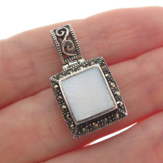 925 Sterling Silver Vintage Real MOP & Marcasite Oxidized Mini Charm Pendant