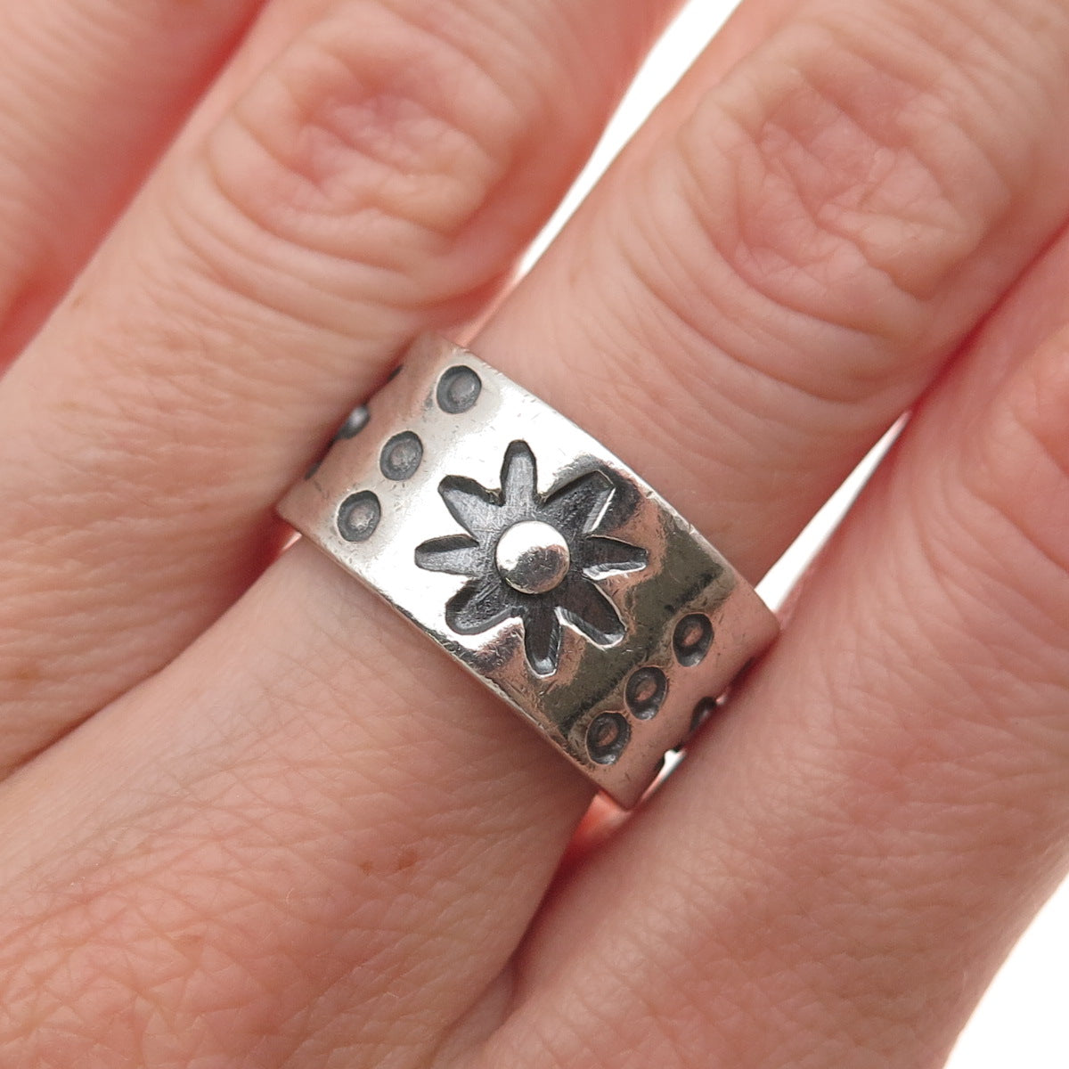 925 Sterling Silver Vintage Mexico Sun Oxidized Wide Band Ring Size 7