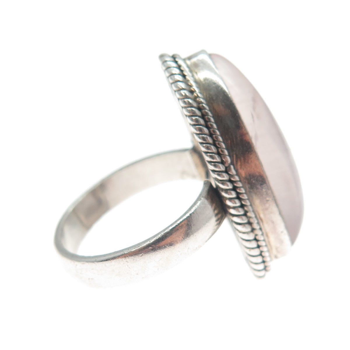 925 Sterling Silver Vintage Real Rose Quartz Modernist Shark Fin Ring Size 6.5