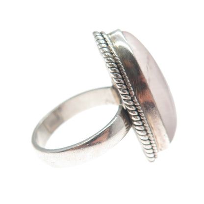 925 Sterling Silver Vintage Real Rose Quartz Modernist Shark Fin Ring Size 6.5