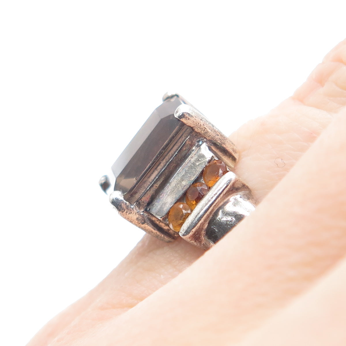 925 Sterling Silver Vintage Real Emerald-Cut Smoky Quartz & Citrine Ring Size 6