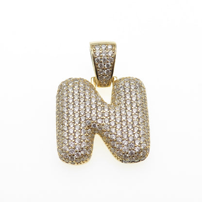 925 Sterling Silver Gold Plated Round-Cut C Z Letter N Initial Pendant