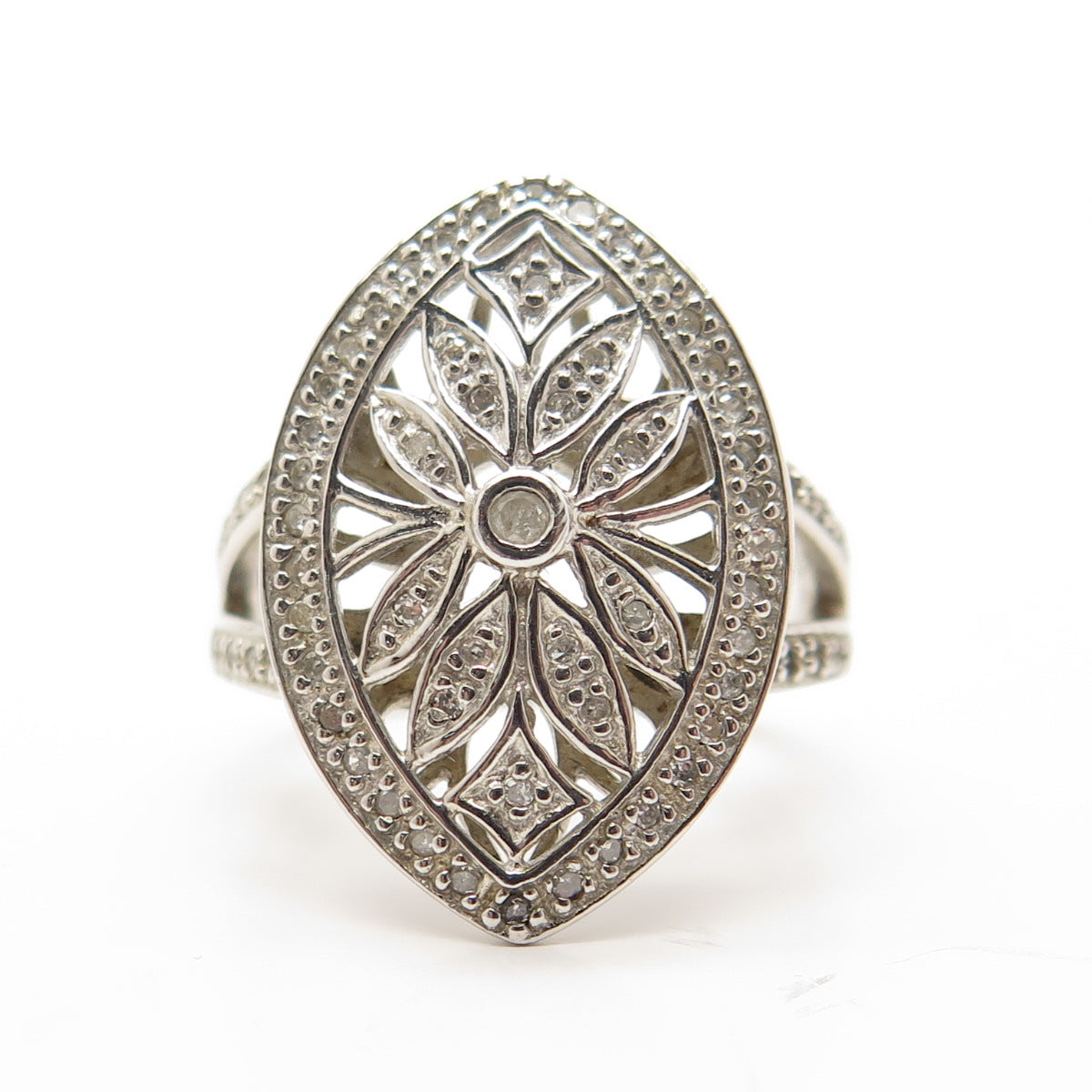 925 Sterling Silver Real Round-Cut Diamond Floral Ring Size 6.25