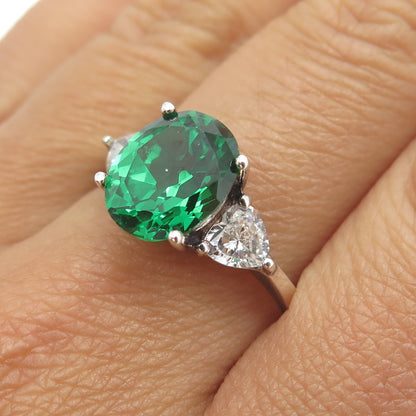 925 Sterling Silver Oval & Heart-Cut Green White C Z Ring Size 8.75