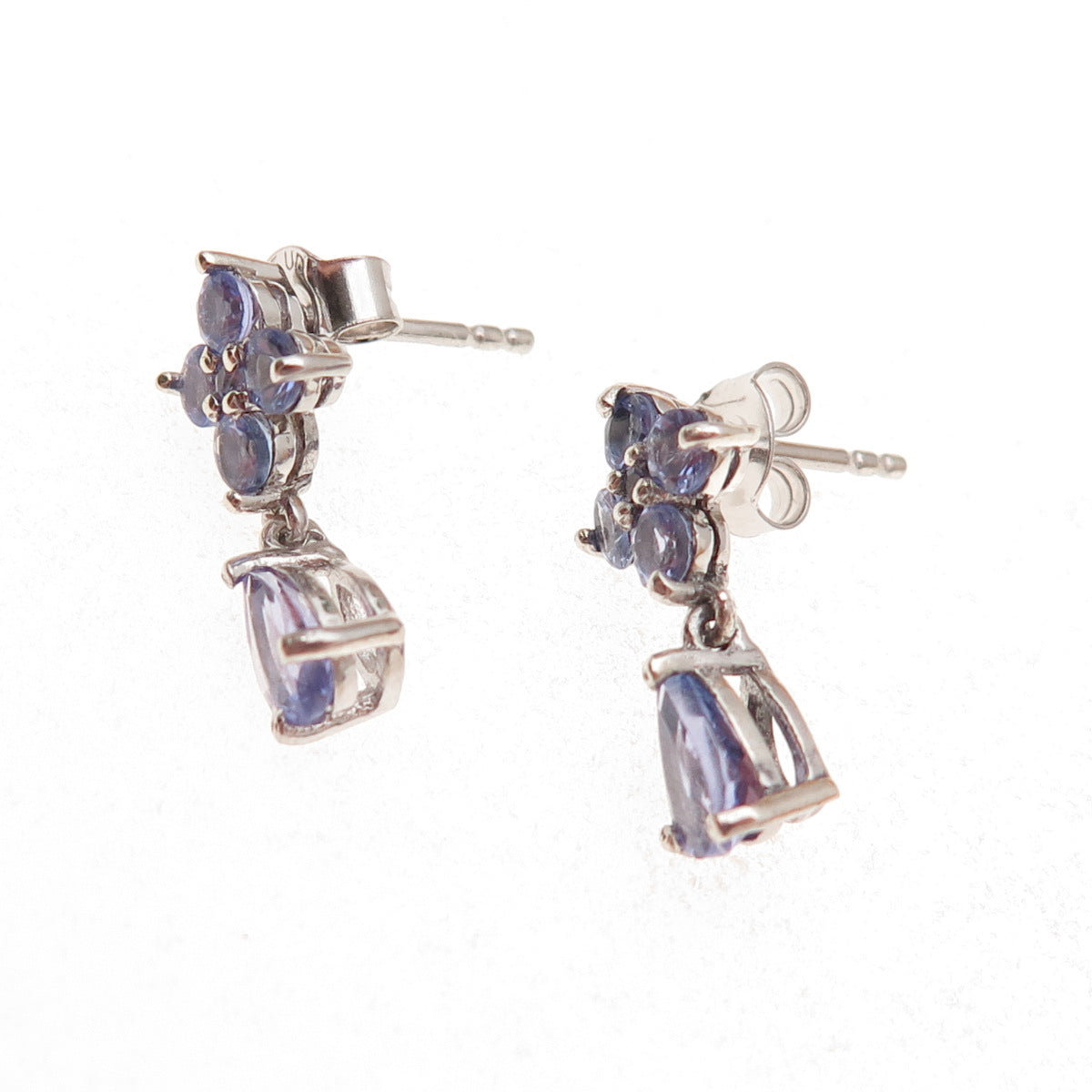 Chuck Clemency Sterling Silver Real Round & Pear-Cut Tanzanite Dangle Earrings