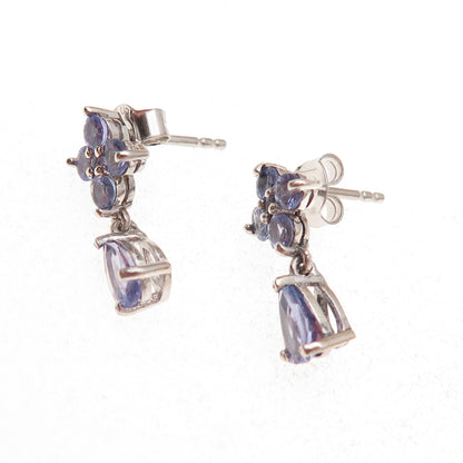 Chuck Clemency Sterling Silver Real Round & Pear-Cut Tanzanite Dangle Earrings