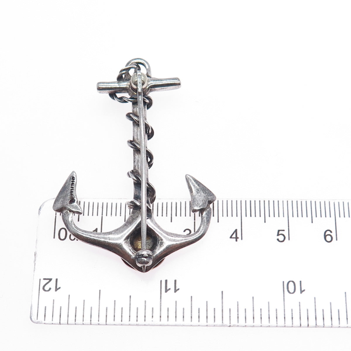 925 Sterling Silver Antique Art Deco Enamel Rudder Club Anchor Oxidized Brooch