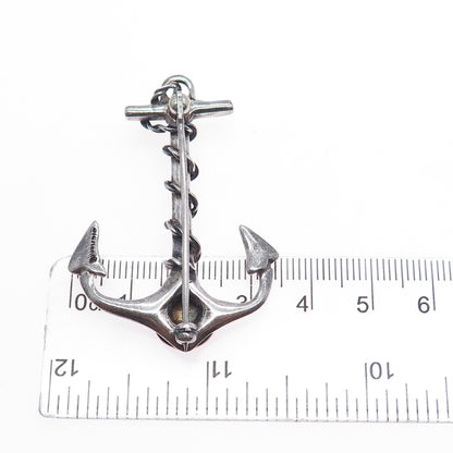925 Sterling Silver Antique Art Deco Enamel Rudder Club Anchor Oxidized Brooch
