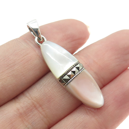 925 Sterling Silver Vintage White & Rose Mother-of-Pearl Marcasite Gem Pendant