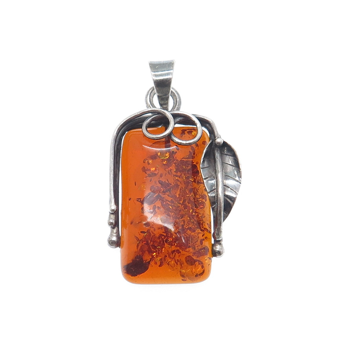 925 Sterling Silver Vintage Real Baltic Amber Leaf Modernist Oxidized Pendant