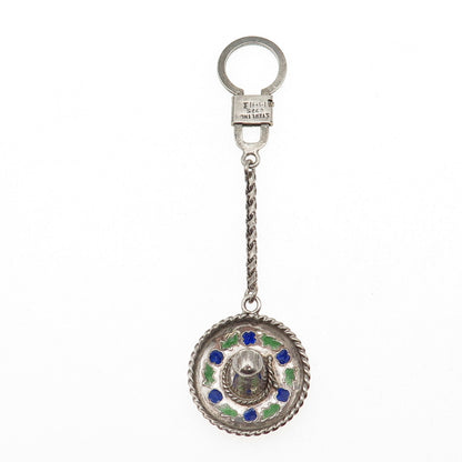 925 Sterling Silver Vintage Enamel Mexico Sombrero Hat Key Fob Chain