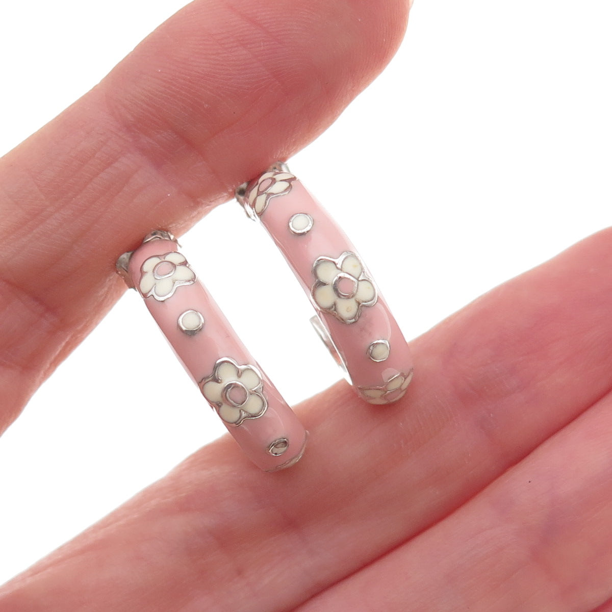 Silvio Hidalgo 925 Sterling Silver Vintage Enamel Floral Hoop Earrings