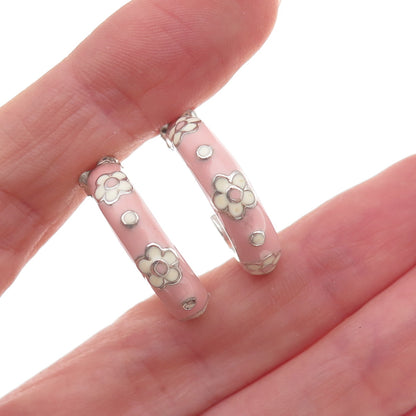 Silvio Hidalgo 925 Sterling Silver Vintage Enamel Floral Hoop Earrings