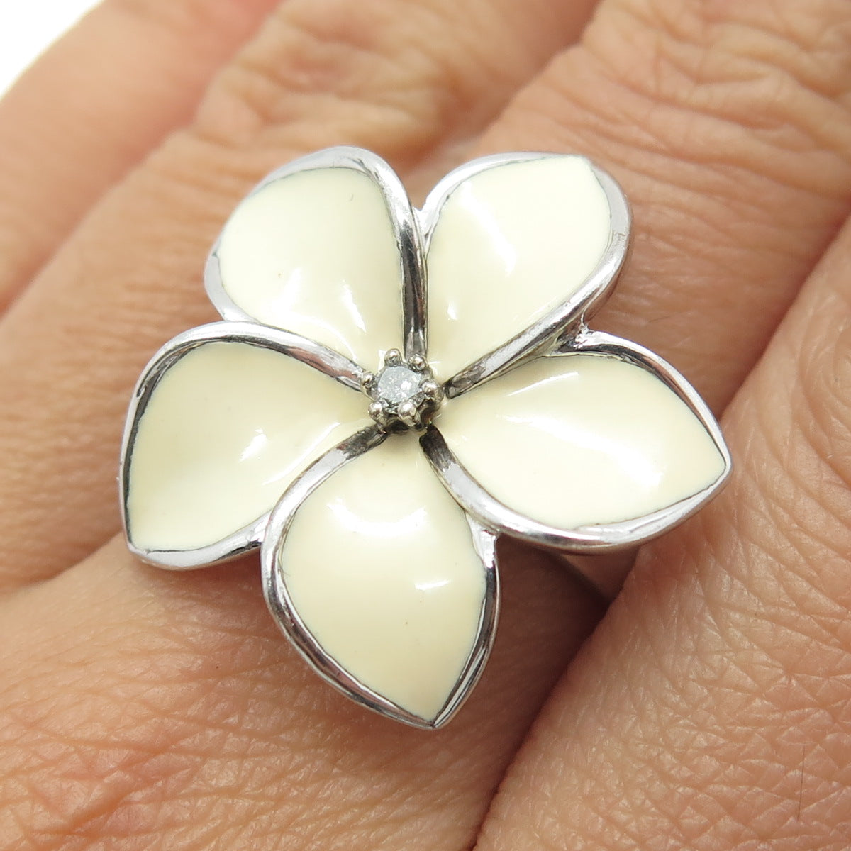 MICHELLE ALBALA 925 Sterling Enamel Real Diamond Hawaiian Plumeria Ring Size 7