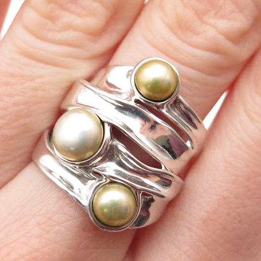 Hagit Gorali 925 Sterling Silver Vintage Real Pearl Modernist Ring Size 7.25