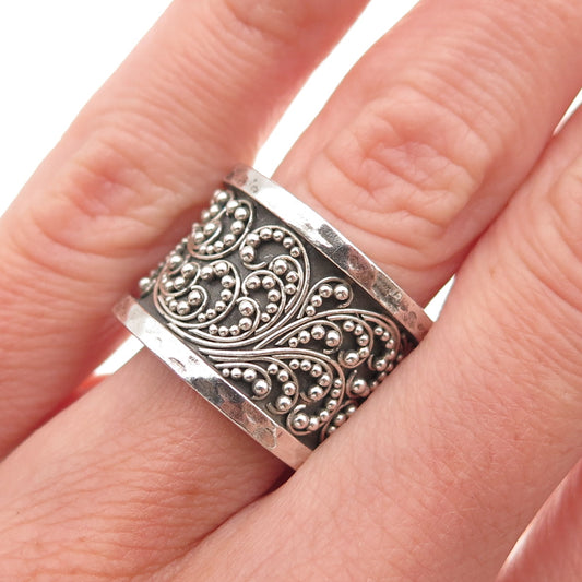 Lois Hill 925 Sterling Silver Vintage Granulated Scroll Wide Band Ring Size 6.5