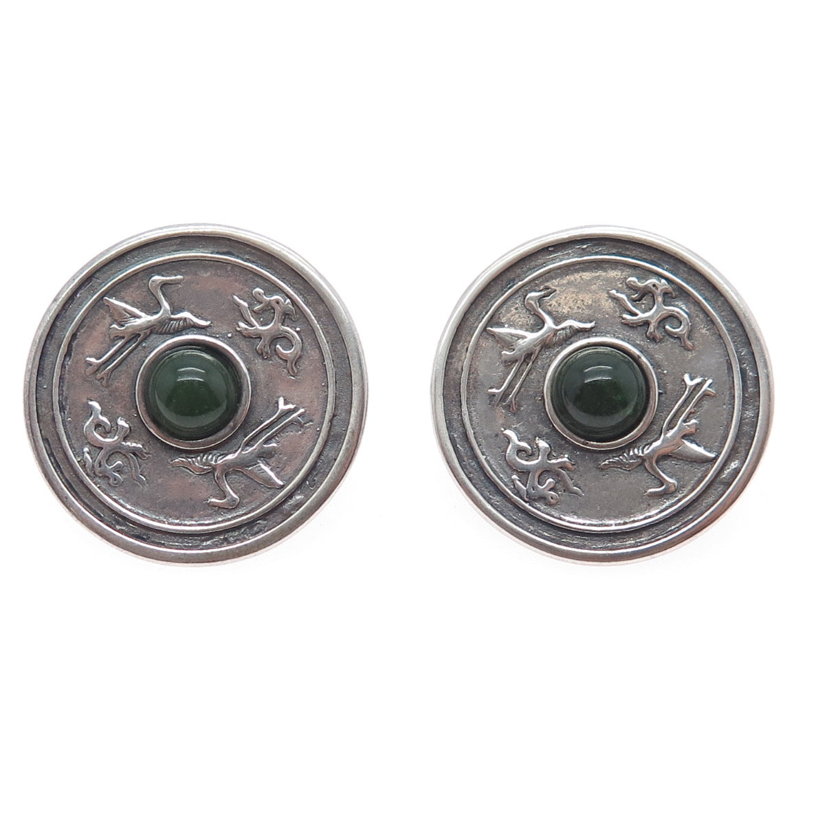 Heritage Museum Replicas 925 Sterling Vintage Real Jade Stork & Dragon Earrings