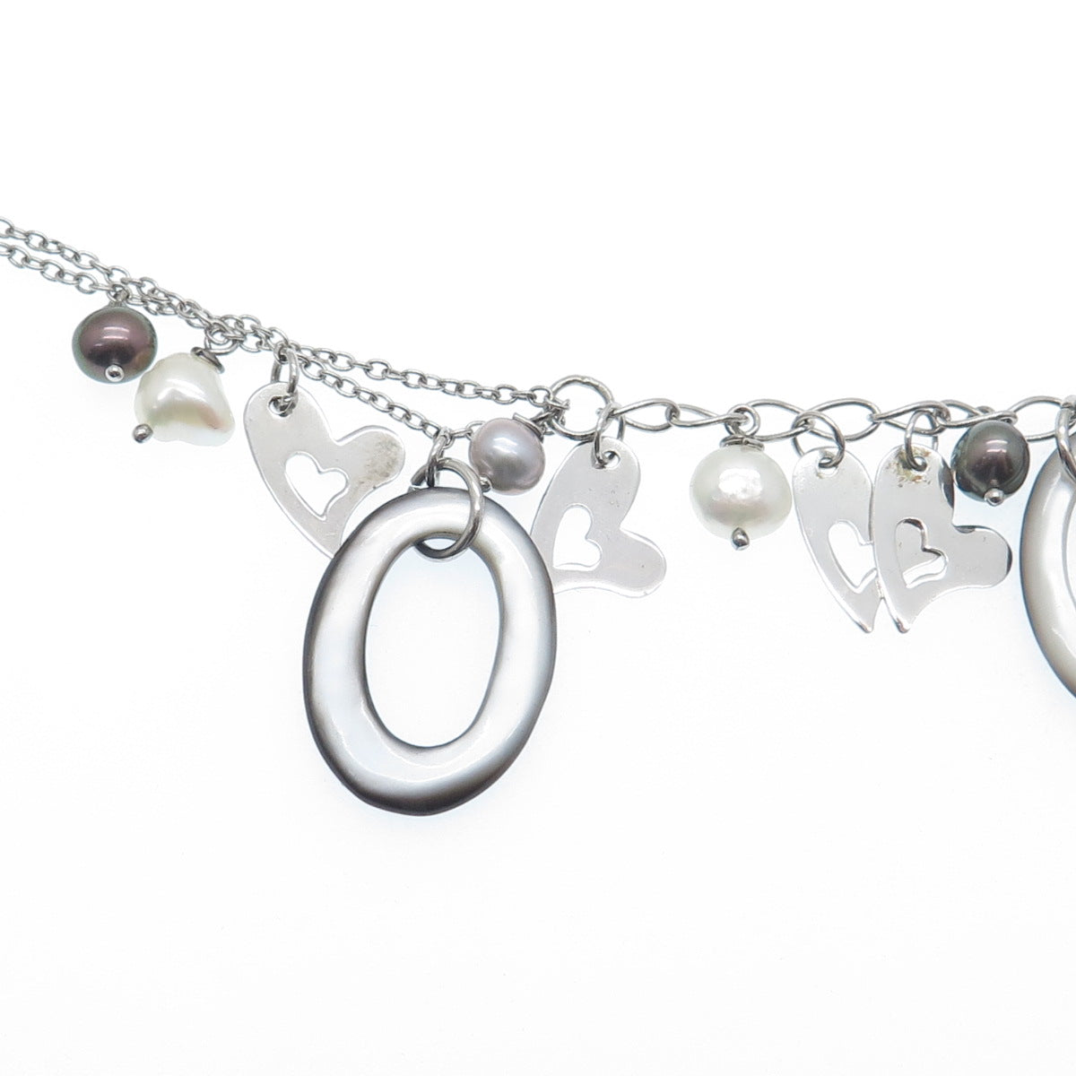 925 Sterling Silver Vintage Real Tahitian Pearl Abalone Shell Heart Necklace 18"