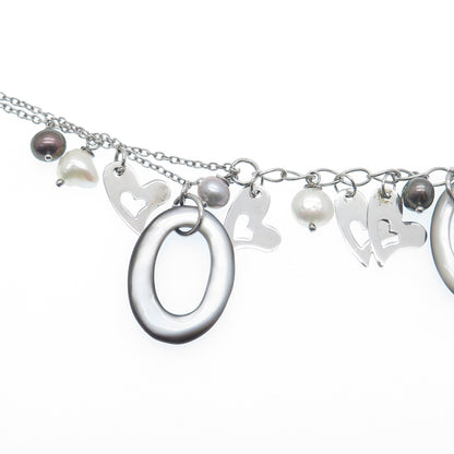925 Sterling Silver Vintage Real Tahitian Pearl Abalone Shell Heart Necklace 18"