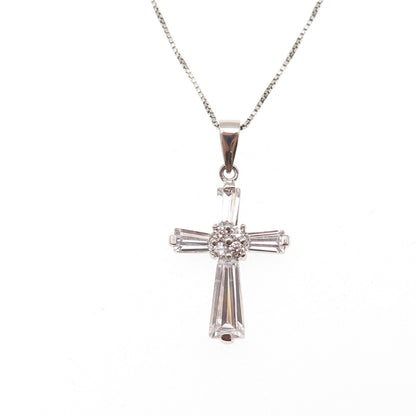 925 Sterling Round & Tapered Baguette-Cut C Z Cross Box Chain Necklace 18"