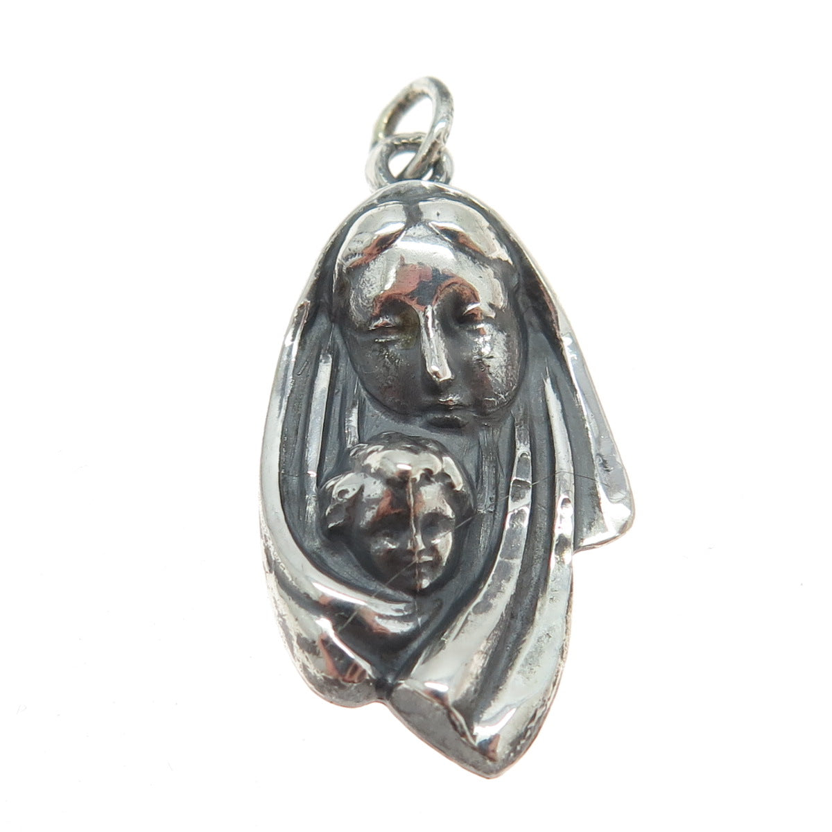 925 Sterling Silver Antique Art Deco St. Mary & Baby Jesus Religious Pendant