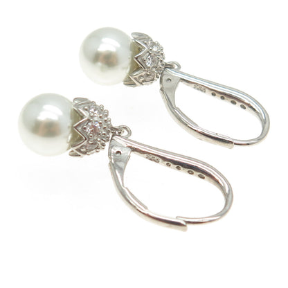 925 Sterling Silver Real Pearl & Round-Cut C Z Teardrop Dangling Earrings