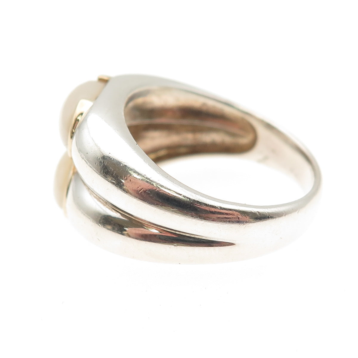 925 Sterling Silver 14K Gold Vintage Real Pearl Modernist 2-Row Ring Size 10.25