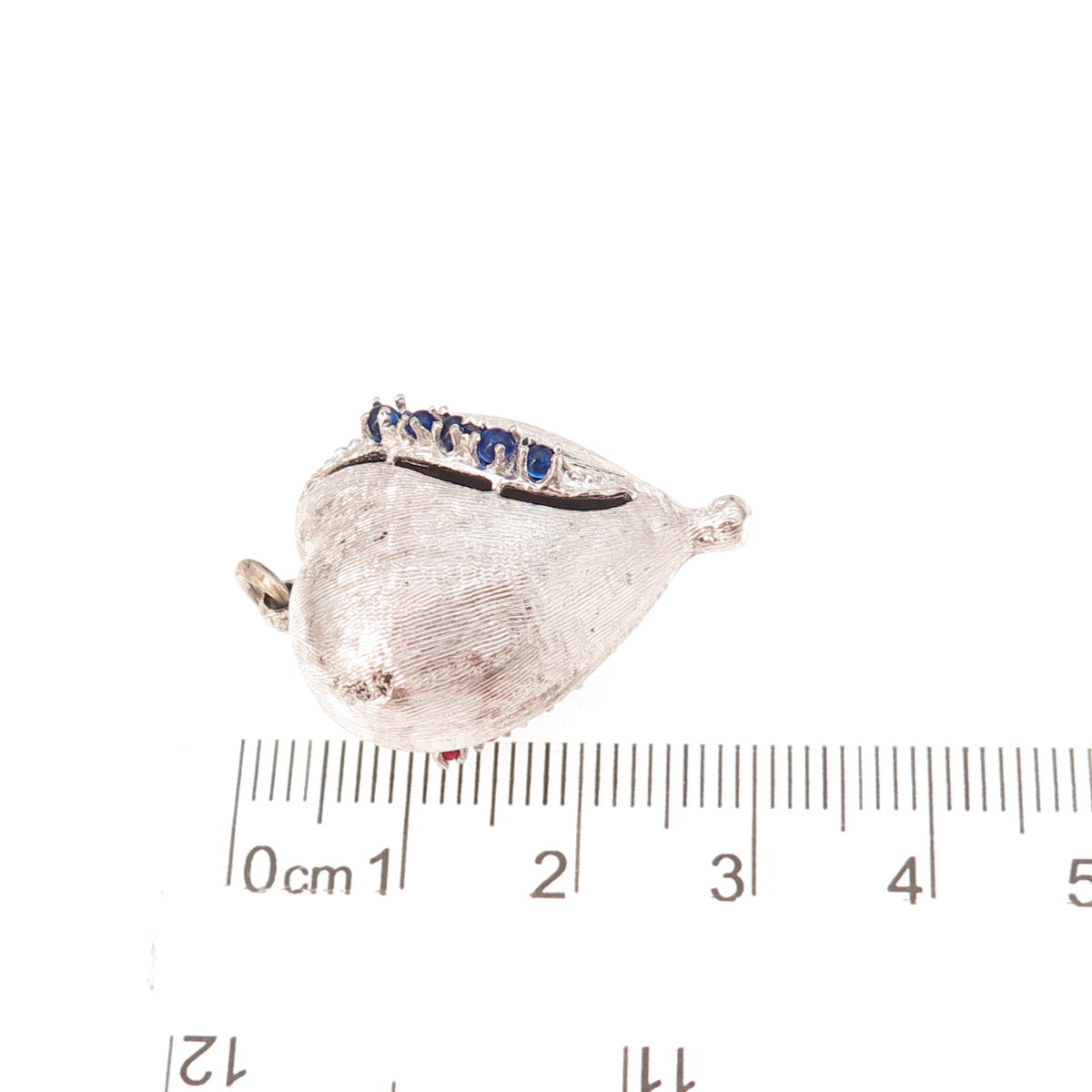 925 Sterling Silver Vintage Red & Blue Rhinestone Heart Puffy Oxidized Pendant
