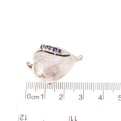 925 Sterling Silver Vintage Red & Blue Rhinestone Heart Puffy Oxidized Pendant
