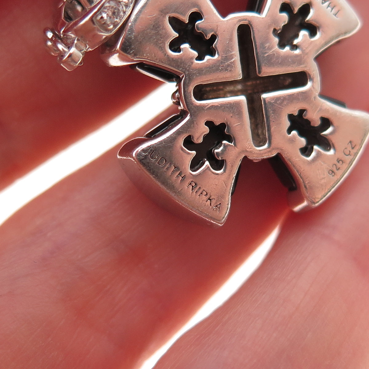 Judith Ripka 925 Sterling Silver Real Black Onyx & C Z Cross Charm Pendant
