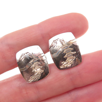 950 Silver 2-Tone Antique Japan Mount Fuji Landscape Cufflinks