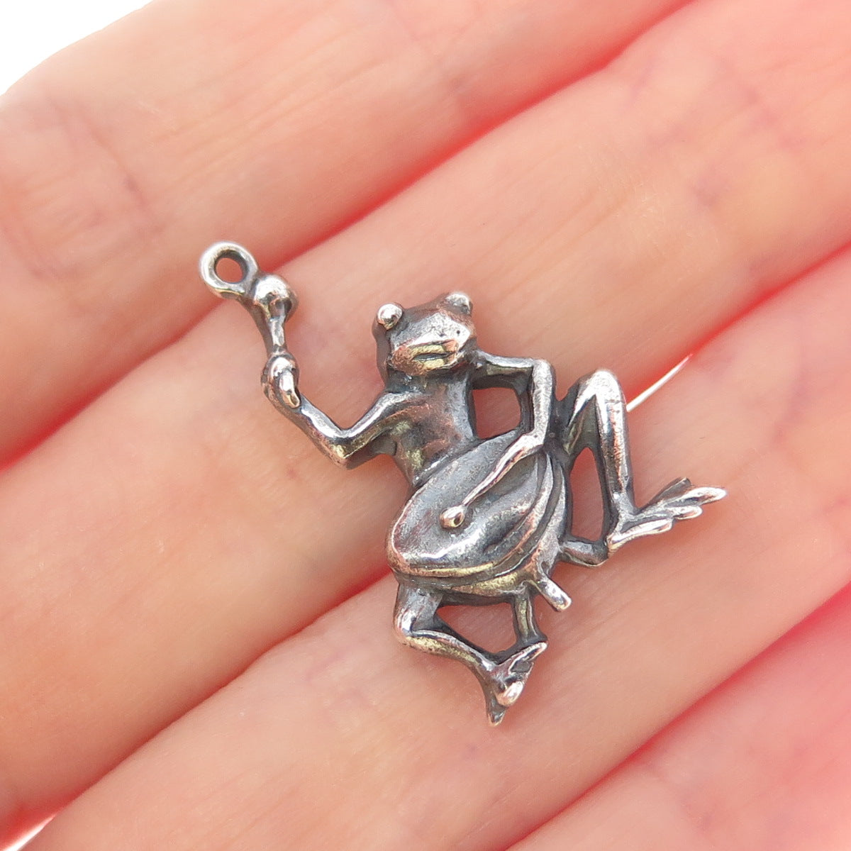925 Sterling Silver Vintage Frog & Drum Oxidized Charm Pendant