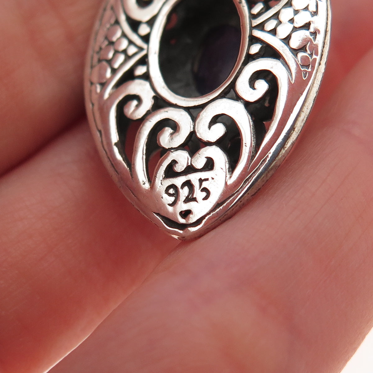 925 Sterling Silver Vintage Real Tanzanite Heart Ornate Oxidized Charm Pendant