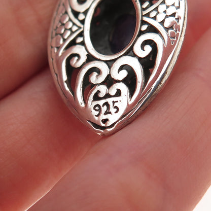 925 Sterling Silver Vintage Real Tanzanite Heart Ornate Oxidized Charm Pendant