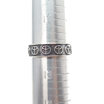 925 Sterling Silver Vintage Mexico Peace Symbol Oxidized Band Ring Size 12.25