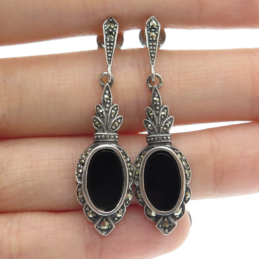 925 Sterling Silver Vintage Real Black Onyx & Marcasite Art Deco Style Earrings