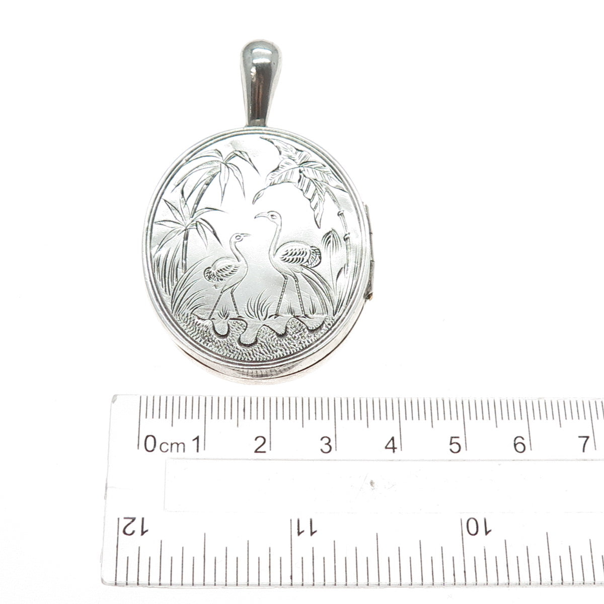 925 Sterling Silver Antique Victorian Engraved Flamingo Locket Charm Pendant