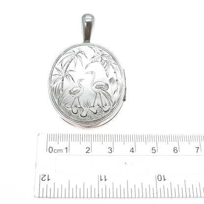 925 Sterling Silver Antique Victorian Engraved Flamingo Locket Charm Pendant
