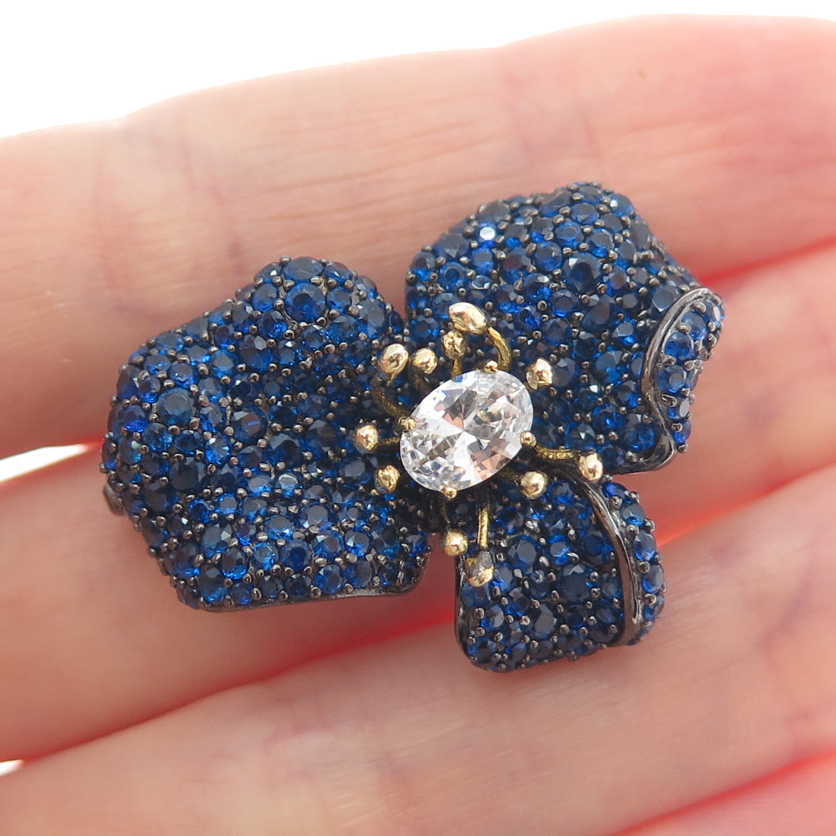 DSMK 925 Sterling Silver 2-Tone Black Rhodium Blue & White C Z Flower Pin Brooch