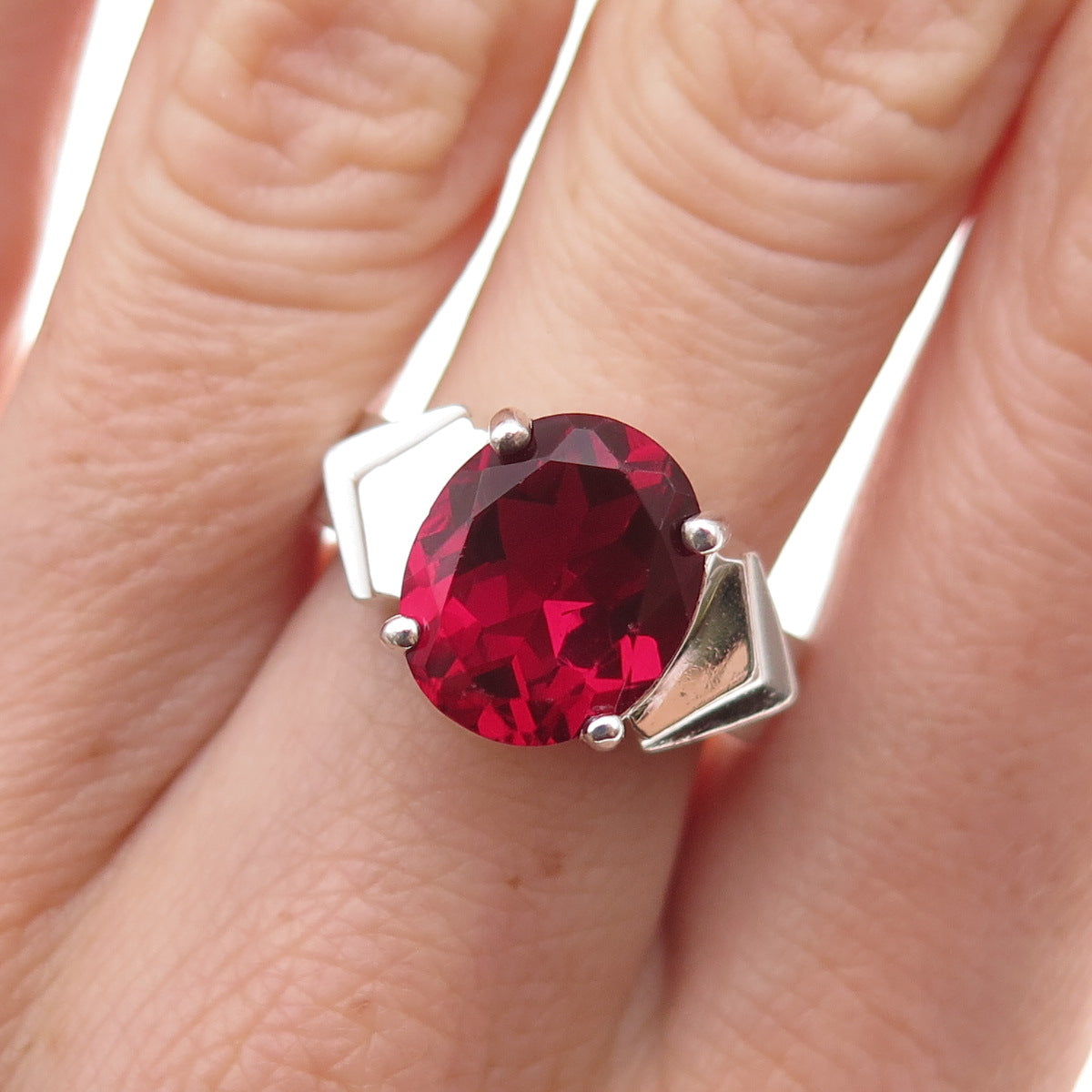 925 Sterling Silver Vintage Oval-Cut Pink C Z Modernist Ring Size 7