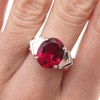 925 Sterling Silver Vintage Oval-Cut Pink C Z Modernist Ring Size 7