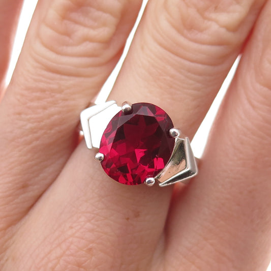 925 Sterling Silver Vintage Oval-Cut Pink C Z Modernist Ring Size 7