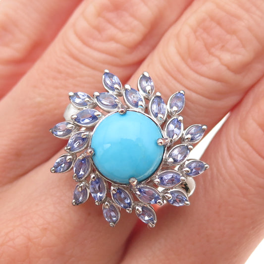 D'Joy 925 Sterling Silver Real Sleeping Beauty Turquoise & Tanzanite Ring Size 8