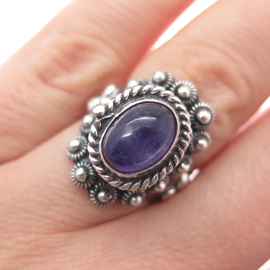 925 Sterling Silver Vintage Mexico Real Amethyst Adjustable Poison Ring Size 7