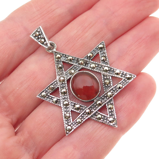 925 Sterling Silver Vintage Real Carnelian & Marcasite Star of David Pendant